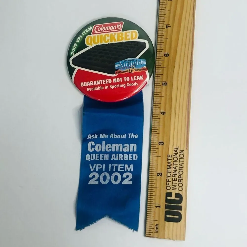 coleman quick‎ bed pin pin back button air bed badge blue ribbon advertising